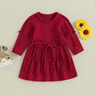 Lioraitiin-vestido de Navidad para niñas, suéter de manga larga con cuello redondo, Color sólido