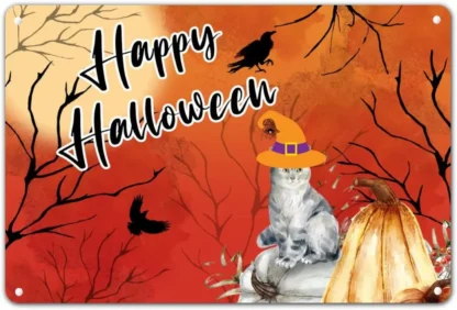 1b, cartel de estaño de gato mascota de calabaza de Halloween, placa de hojalata de cuervo de luna llena, arte de casa espeluznante, letrero de bienvenida de Halloween para el hogar, granja