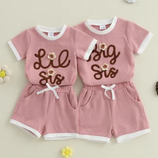 Conjuntos de ropa para bebés y niñas, 2 uds., camiseta de manga corta con cuello redondo y letras de flores y pantalones cortos, traje de verano para niños