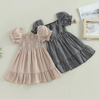 Lioraitiin 1-4Y vestido dulce de verano para niñas pequeñas, vestido acampanado hasta la rodilla con volantes estampados a cuadros y manga corta abombada