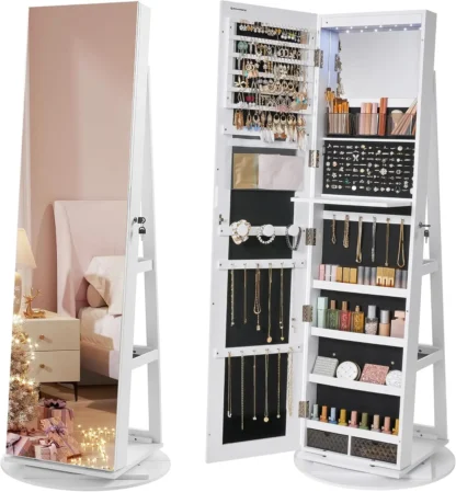 Gabinete de joyería con espejo con cerradura de 6 LED, 360 °   Organizador de joyas giratorio, armario de joyería de pie, longitud completa sin marco