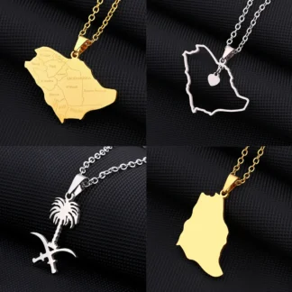Collar con colgante de la ciudad del mapa de Arabia Saudita para hombres y mujeres, acero inoxidable, emblema árabe, mapa étnico, joyería, regalo patriótico, nuevo