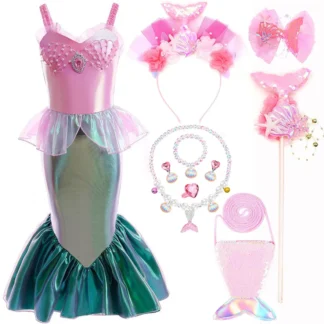 Vestido de Cosplay de Ariel de sirena para Festival de Halloween para niña, ropa con incrustaciones de perlas rosas y Carnaval de Navidad, traje de baile