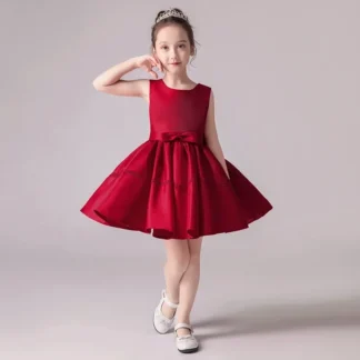 Vestido para niños 2024 primavera nuevo pongé rojo falda pequeño anfitrión vestido de piano vestido de princesa para niña