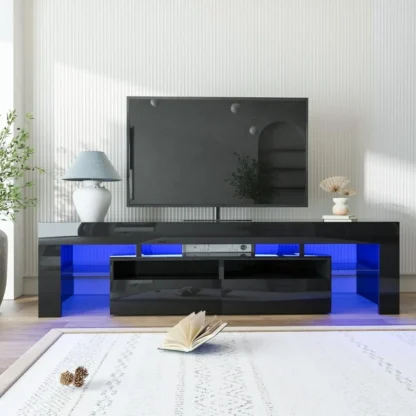 Soporte de TV LED para TV de 60/65/70 pulgadas, centro de entretenimiento moderno brillante con cajón y estante abierto de vidrio, centro de mesa de televisión