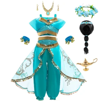 Disney-disfraz de princesa Jasmine para niña, conjunto de Aladdín de dibujos animados, regalo de fiesta de cumpleaños, trajes de fantasía de Halloween