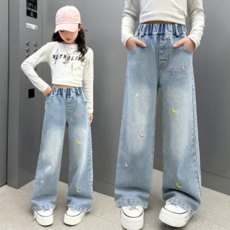 Pantalones vaqueros de pierna ancha para chicas adolescentes, moda de calle alta para primavera y otoño, pantalones vaqueros informales para niños, pantalones bordados de estrellas escolares
