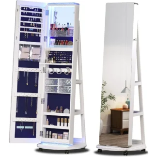 Espejo de longitud completa con almacenamiento, joyero con espejo de pie con luces LED de 3 colores, 360 °   Armario de joyería giratorio con espejo