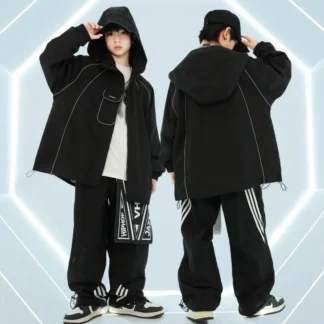 Abrigo de béisbol negro de Hip Hop para niños, pantalones holgados de baile callejero, chaqueta holgada para niñas, conjuntos de ropa deportiva de Jazz para niños, ropa de calle para niños
