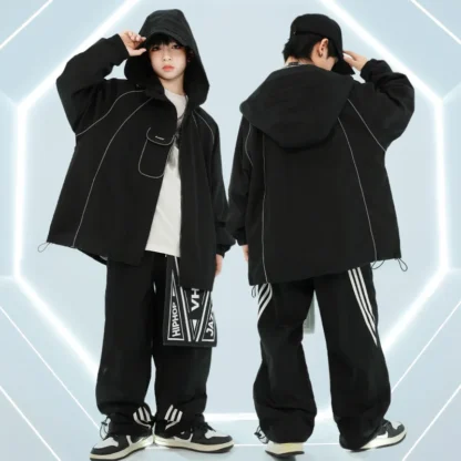 Abrigo de béisbol negro de Hip Hop para niños, pantalones holgados de baile callejero, chaqueta holgada para niñas, conjuntos de ropa deportiva de Jazz para niños, ropa de calle para niños