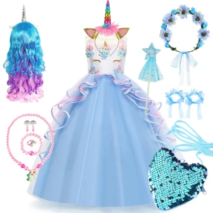 Vestido de princesa de unicornio para niñas, malla de lujo con lentejuelas azules, disfraz de Halloween, Carnaval, fiesta de cumpleaños, apliques con estampado de arcoíris