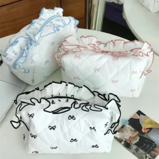 Estuche de bolígrafo de gran capacidad con estampado de lazo, bolsa de almacenamiento de papelería INS con volantes, bolsa con cremallera, bolsa de lápiz labial de maquillaje con rombos para niños