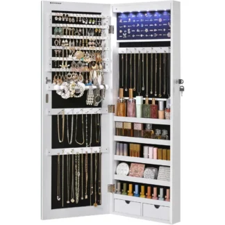 Gabinete de joyería colgante, gabinete de pared con luces interiores LED, organizador de joyas montado en puerta, espejo de longitud completa