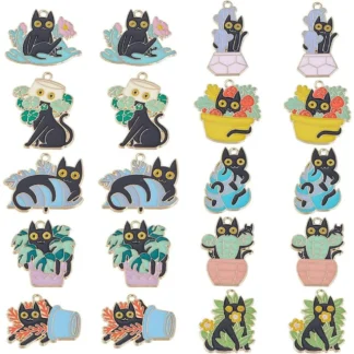20 piezas, 10 estilos, dijes de gato negro, abalorio de gato dorado a granel, aleación esmaltada, planta, flor, Mini lindo gatito, Animal, kit de fabricación de abalorios de Halloween