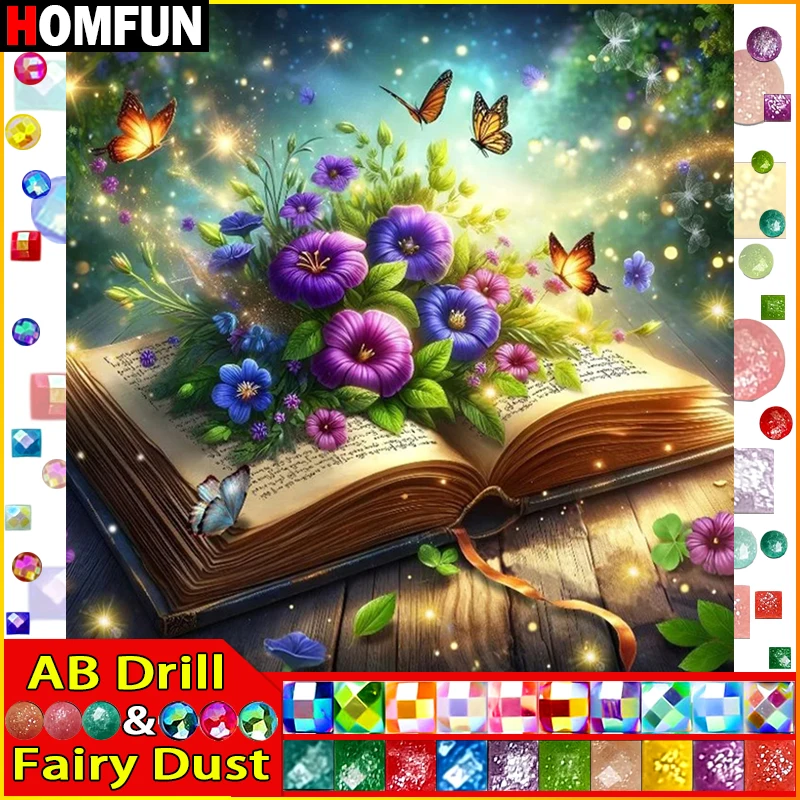 HOMFUN-pintura de diamante AB DIY, polvo de hadas, "libro de paisaje, flor", taladro completo, bordado de diamantes redondos y cuadrados, decoración de diamantes 5D
