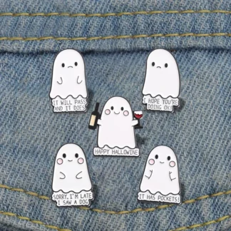 Alfileres esmaltados de fantasma lindo de Halloween, broches personalizados SORRY, I'M LATE I SAW A DOG, insignias de solapa, regalo de joyería divertido para niños y amigos