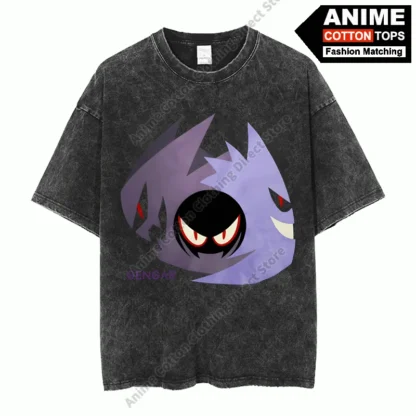 Camiseta de algodón con estampado Gastly, ropa periférica de monstruo de bolsillo de dibujos animados, camiseta Vintage lavada de gran tamaño, camisetas sueltas casuales Unisex