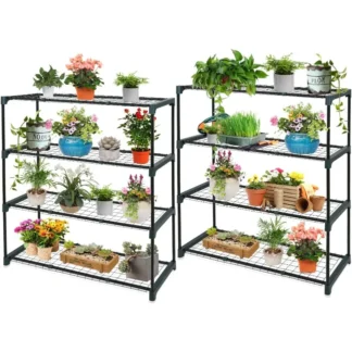 Estantería de invernadero que se ve doble de 4 niveles, estantes para plantas de exterior/interior,