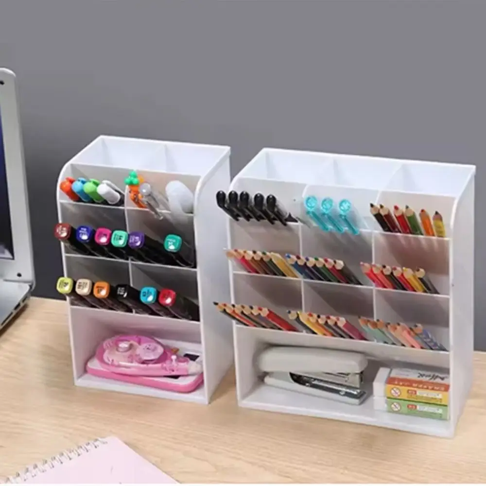 Caja de almacenamiento de escritorio con 9/13 rejillas, organizador de papelería de gran capacidad de Color sólido, inserción oblicua, ahorro de espacio