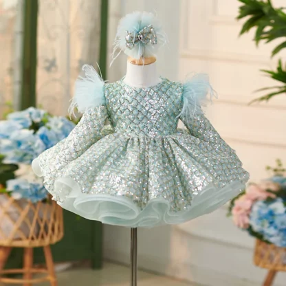 Vestido elegante de lujo para niña, conferencia con apertura de manga larga y lentejuelas, bautismo de cumpleaños de un año, regalo de Navidad oficial