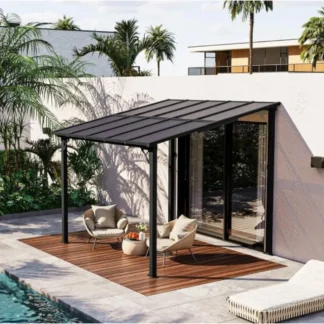 Gazebo para patio, 10 x 14 pies Lean to Gazebo, pérgola montada en la pared con techo de policarbonato, toldos con estructura metálica resistente