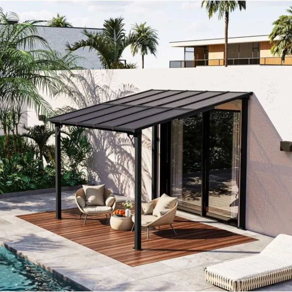 Gazebo para patio, 10 x 14 pies Lean to Gazebo, pérgola montada en la pared con techo de policarbonato, toldos con estructura metálica resistente