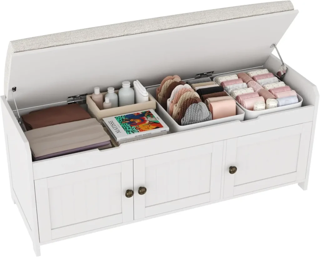 Banco con almacenamiento superior elevable, banco de almacenamiento de entrada con asiento acolchado, banco de extremo de cama de madera, banco de zapatero con oculto