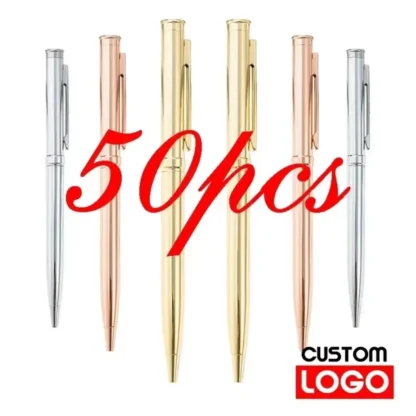 50 Uds. Bolígrafo de Metal, bolígrafo de oro rosa, logotipo personalizado, papelería, regalo de negocios, letras, nombre grabado, suministros escolares y de oficina