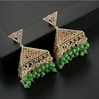 Pendiente de gota de cuentas verdes Vintage cobre insertado circón Jhumka Jhumki mujeres Retro estilo étnico indio ahuecado joyería de fiesta