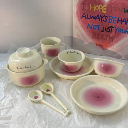Plato de tazón para niña, vajilla de cerámica con Colorete de polvo de amor para el hogar, taza rosa para niña, juego de platos