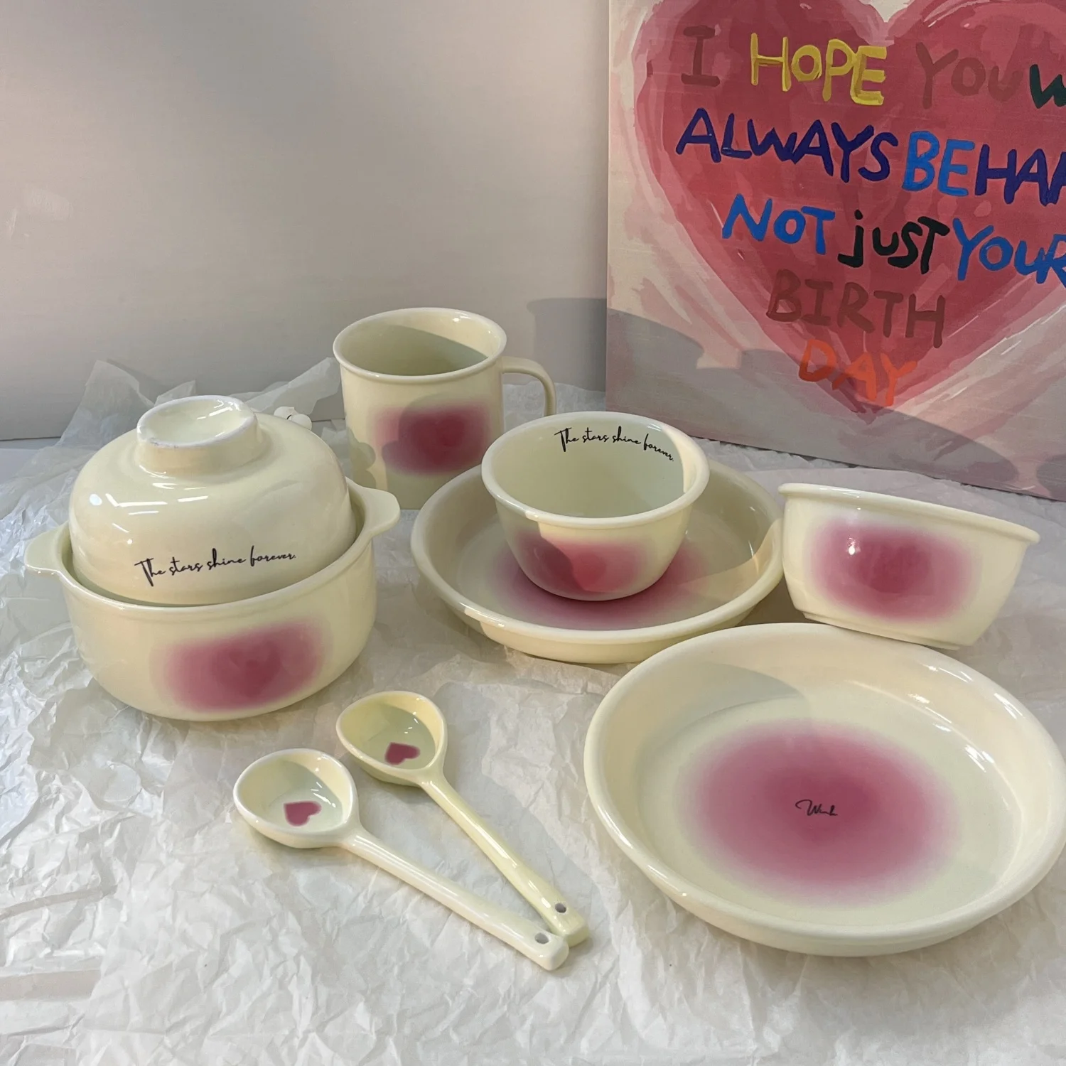 Plato de tazón para niña, vajilla de cerámica con Colorete de polvo de amor para el hogar, taza rosa para niña, juego de platos