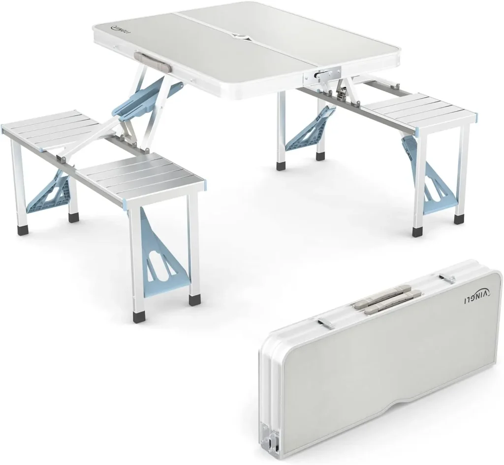 Mesa de picnic plegable para acampar de 4 pies con asientos/agujero para sombrilla, soporte de 2665 libras, mesa para maleta con tarjetas liviana y plegable