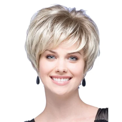 Pelucas de pelo corto A72Z, peluca de seda de alta temperatura de fibra química dorada clara a la moda, cubierta completa para mujeres diarias