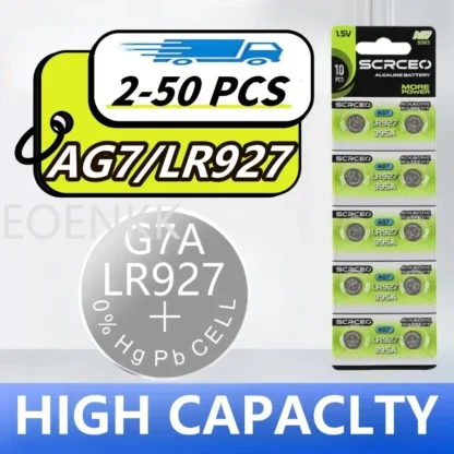 2-60 Uds 1,55 V AG7 pila de moneda alcalina 46mAh LR927 LR57 SR927W 399 GR927 395A pilas de botón para reloj juguetes célula remota