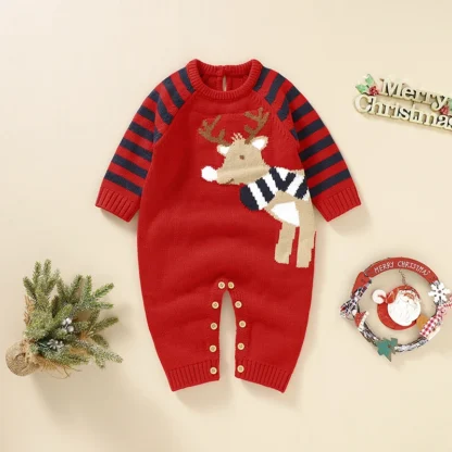 Peleles rojos de Navidad para recién nacidos, ropa tejida con bonito Reno, monos de manga larga para niños y niñas, monos de una pieza para niños pequeños