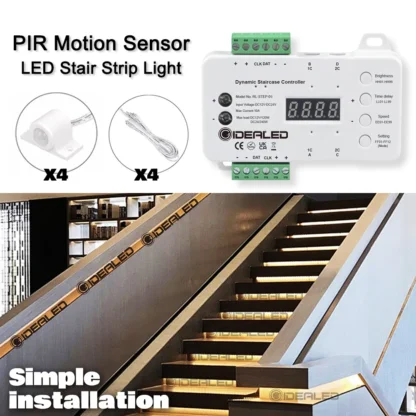 Sensor de movimiento PIR, tira de luz LED COB, atenuación de escaleras, fácil conexión e instalación, controlador inteligente de escalones con 4 sensores