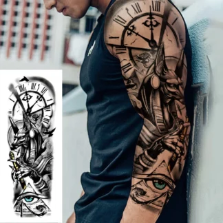 Tatuaje temporal impermeable con manga de brazo completo grande, pegatina Anubis, antiguo Egipto, Grecia, Zeus, ojo, Tatuaje falso, arte corporal para hombres y mujeres