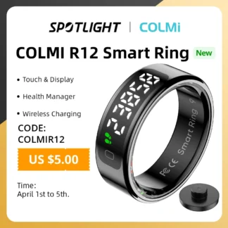 Anillo inteligente COLMI R12 con pantalla táctil, administrador de salud, carga inalámbrica, resistente al agua de 5 ATM para hombres y mujeres