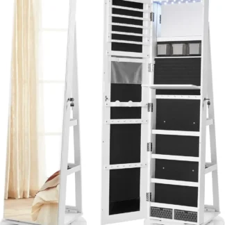 Gabinete de joyería con espejo con cerradura de 6 LED, 360 °   Organizador de joyas giratorio, armario de joyería de pie, 3 estantes de almacenamiento, superficie blanca