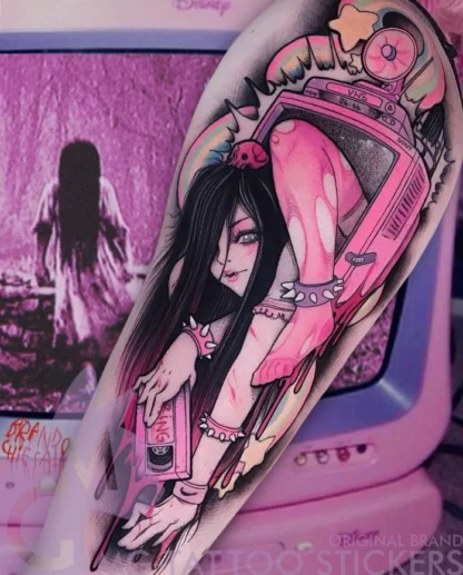 Tatuajes de Terror de dibujos animados para hombres y mujeres, tatuajes falsos impermeables, tatuaje colorido de clavícula y brazo, pegatinas temporales de Anime duraderas