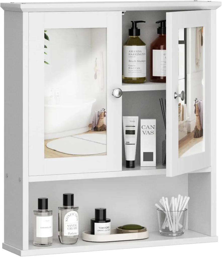 Mueble de baño con espejo, botiquín de madera con estante ajustable, mueble de almacenamiento para montaje en pared, armario, blanco