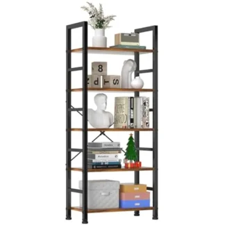 Estantería moderna de 5 niveles, organizador de libros, kit de garaje, CD, películas, almacenamiento industrial, madera/metal, 23,62 x 11,81 x 62,2 pulgadas, ajustable