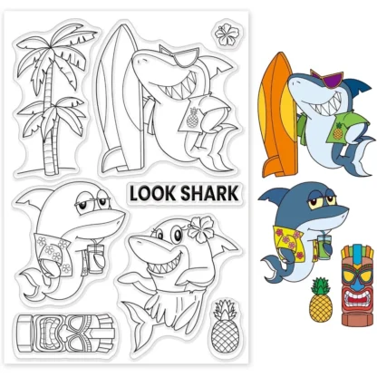 1Sheet Hawaiian Shark Clear Stamp Coconut Trees Transparent Silicone Stamp Summer and Tropical Fruits Clear Stamp Making Kit