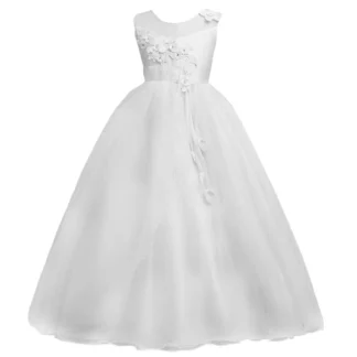 Vestido largo de malla de flores 3D para niñas, vestido de baile sin mangas con cinturón, vestidos de fiesta para niños, vestidos de cumpleaños de boda para ocasiones formales