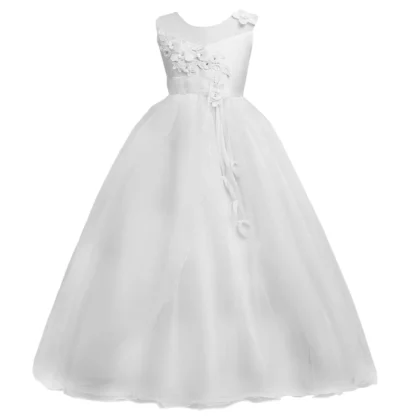 Vestido largo de malla de flores 3D para niñas, vestido de baile sin mangas con cinturón, vestidos de fiesta para niños, vestidos de cumpleaños de boda para ocasiones formales