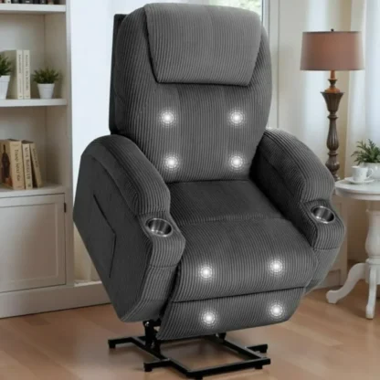 Sillón reclinable eléctrico con masaje para personas mayores, sofá individual reclinable de tela de pana con portavasos, Control remoto