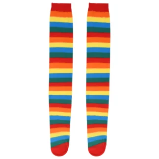 Calcetines coloridos a rayas de arcoíris por encima de la rodilla disfraz de payaso a rayas medias altas para fiestas de disfraces de Halloween