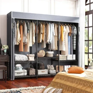Perchero de ropa resistente con cubierta, estantes de ropa de 800 libras para colgar ropa, armario portátil para dormitorio, 56 "Lx 16" Dx75,5 H