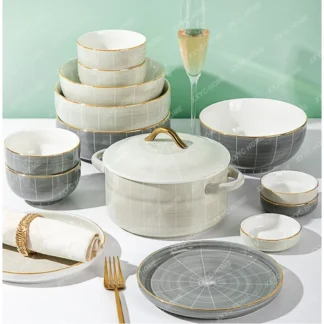 Juego de platos y cuencos de lujo con adorno dorado nórdico de tinta, platos y vajilla de cerámica simples y modernos para el hogar