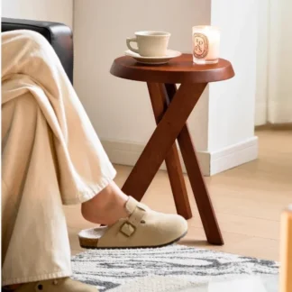 Mesa auxiliar de sofá de madera de fresno, mesa esquinera Wabi-Sabi, taburete redondo Vintage para sala de estar, estante de almacenamiento resistente